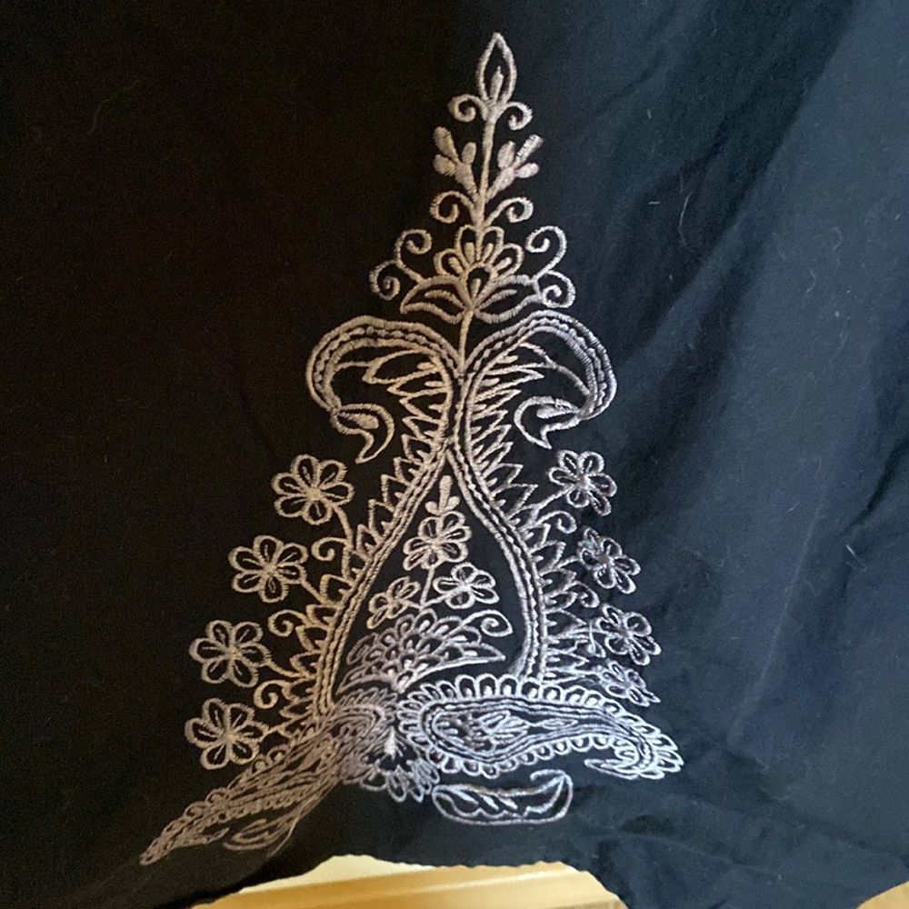 eShakti Black Sleeveless Grey Embroidery Midi Dress Pockets Size 14 EUC